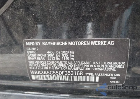 2013 BMW 328I from USA, damaged, VIN WBA3A5C55DF353168